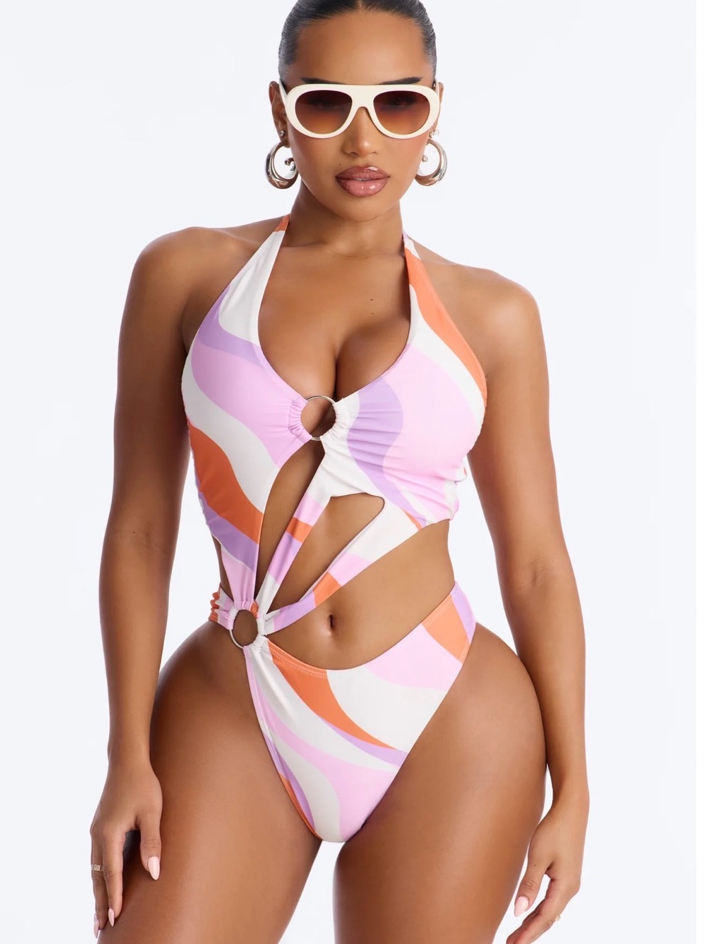 Abstract O Ring Cutout One-Piece Halter Swimsuit Women’s Size Large